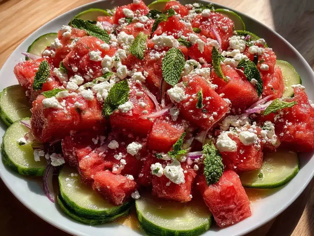 fresh cucumber watermelon feta salad preparation steps