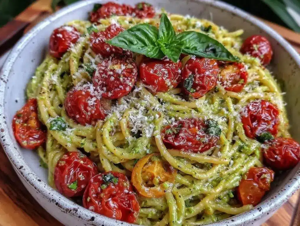 fresh garlic scape pesto pasta - featured image