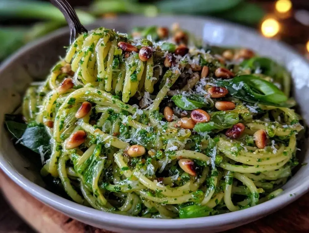 fresh garlic scape pesto pasta - featured image