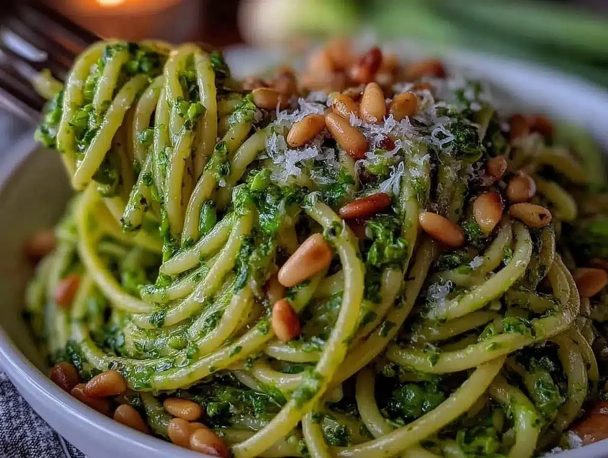 fresh garlic scape pesto pasta preparation steps