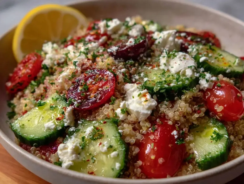 fresh greek quinoa bowl - featured image