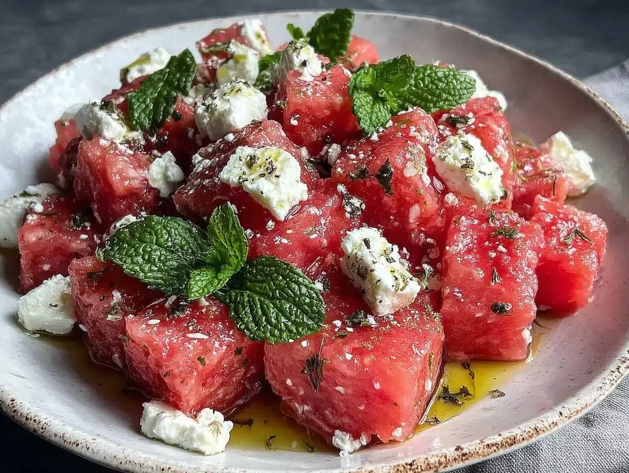 fresh watermelon feta salad with mint preparation steps