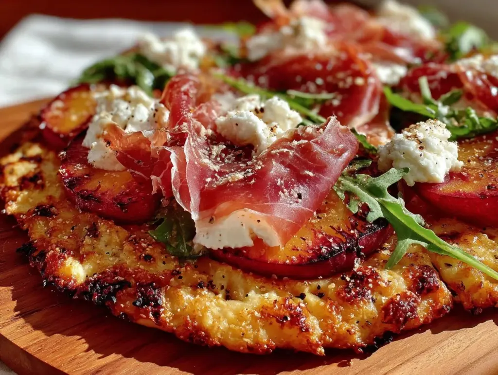 grilled peach and prosciutto flatbread pizza - featured image