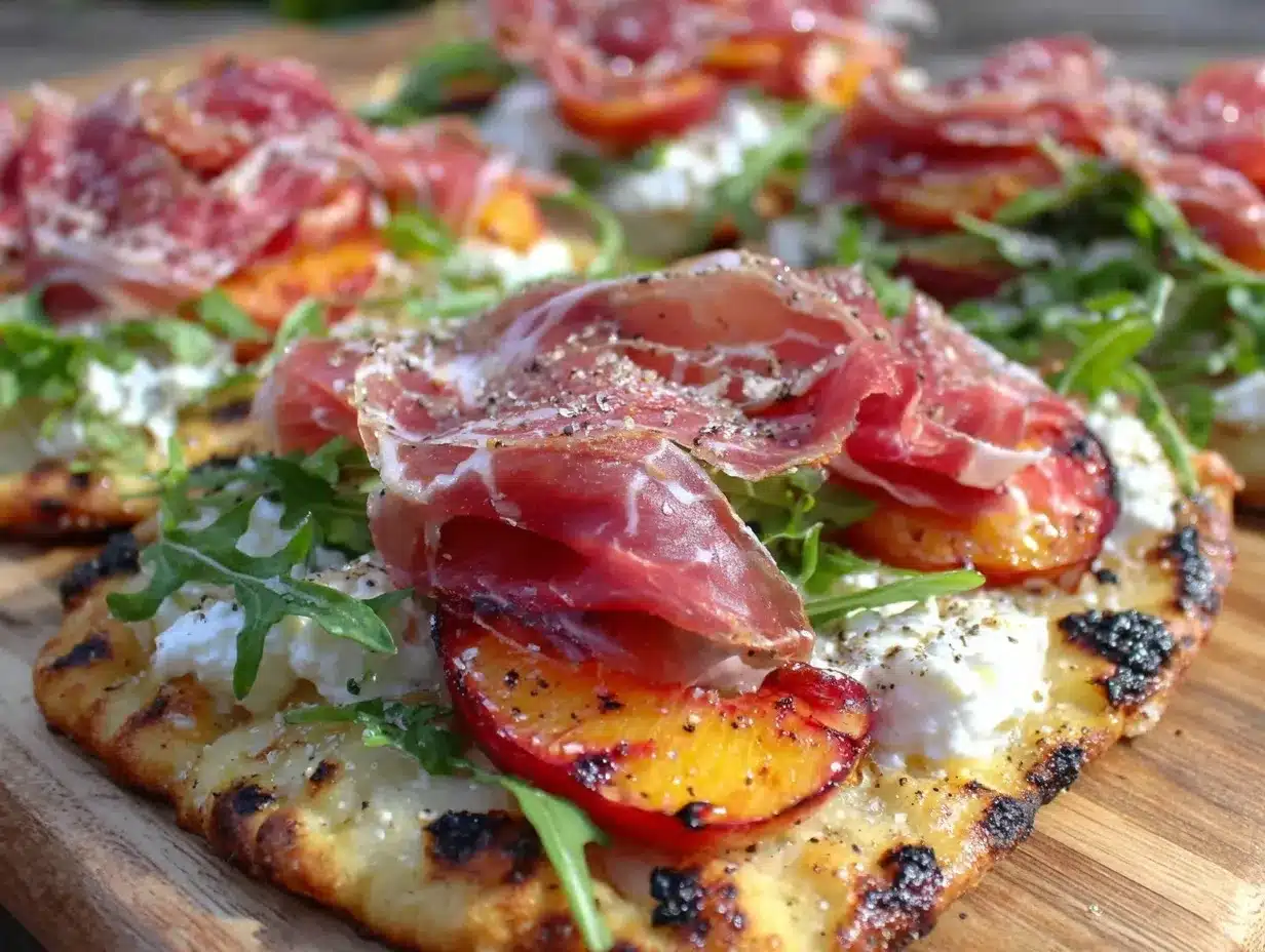 grilled peach and prosciutto flatbread pizza preparation steps