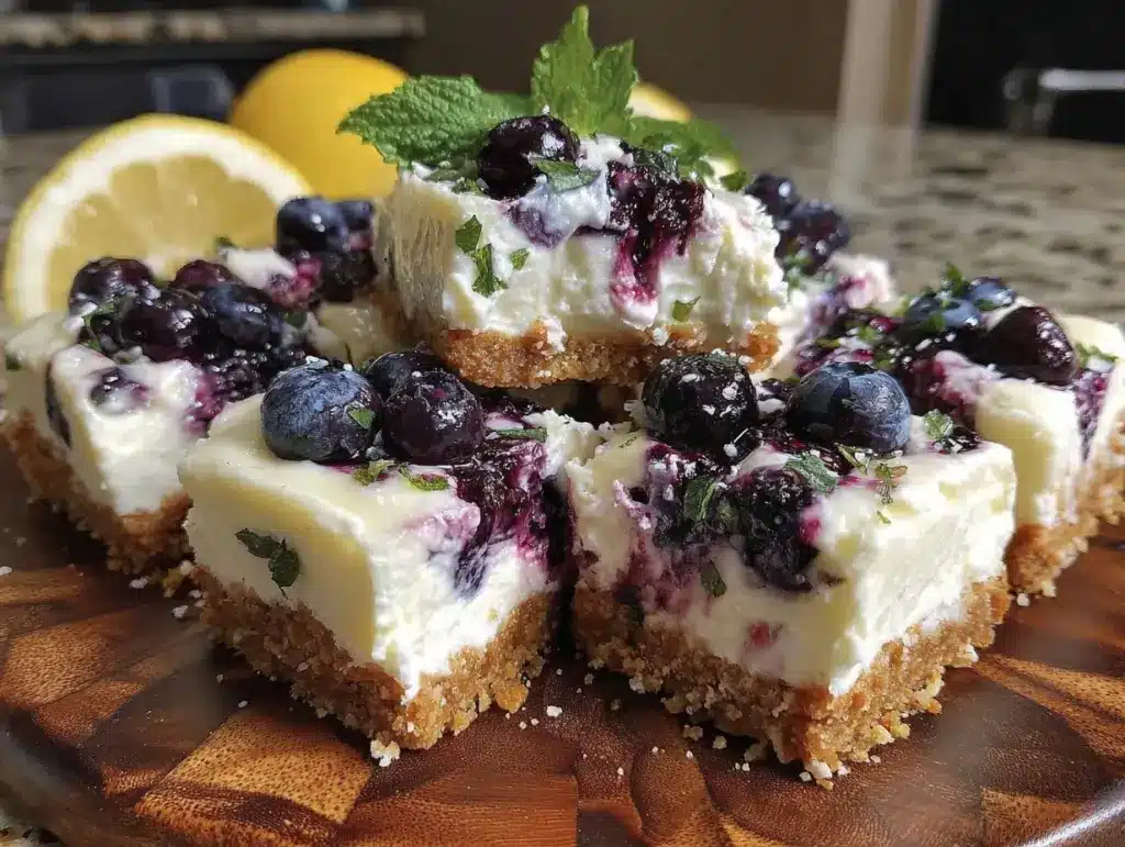 no bake lemon blueberry cheesecake bars - featured image