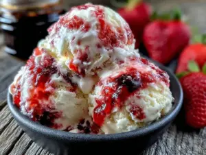 no-churn strawberry balsamic swirl ice cream - featured image