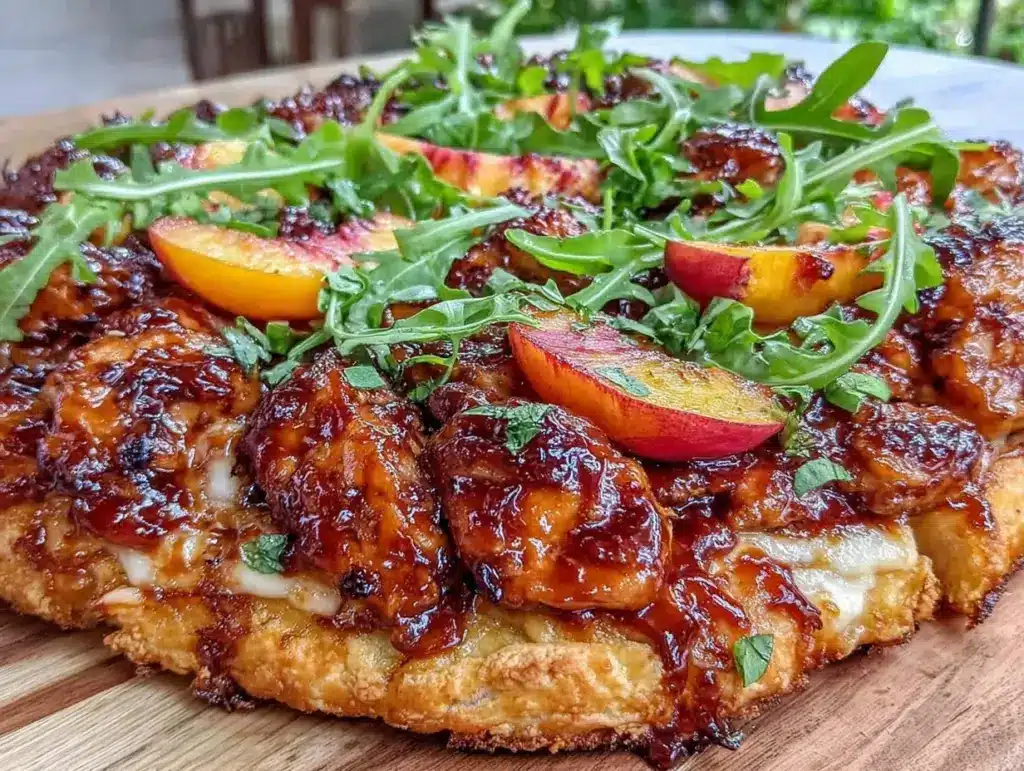 Peach Bourbon BBQ Chicken Pizza - featured image