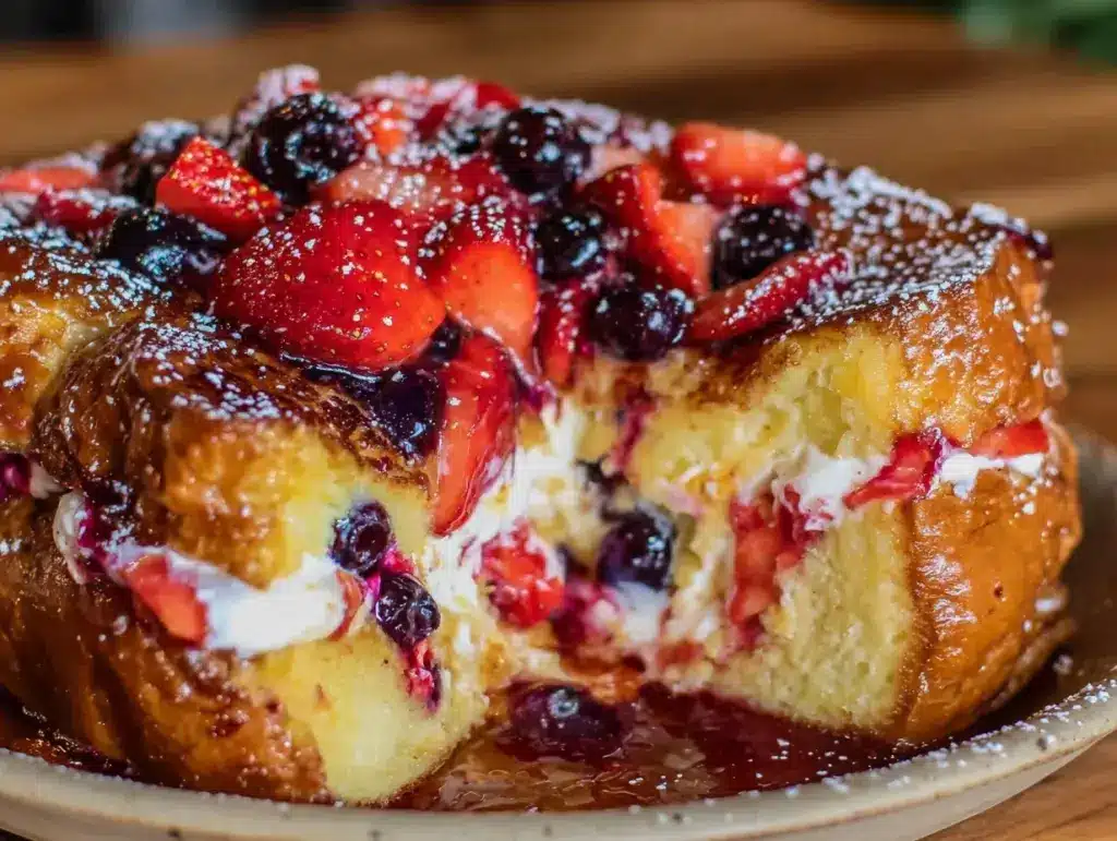 red white and blue stuffed french toast casserole - featured image