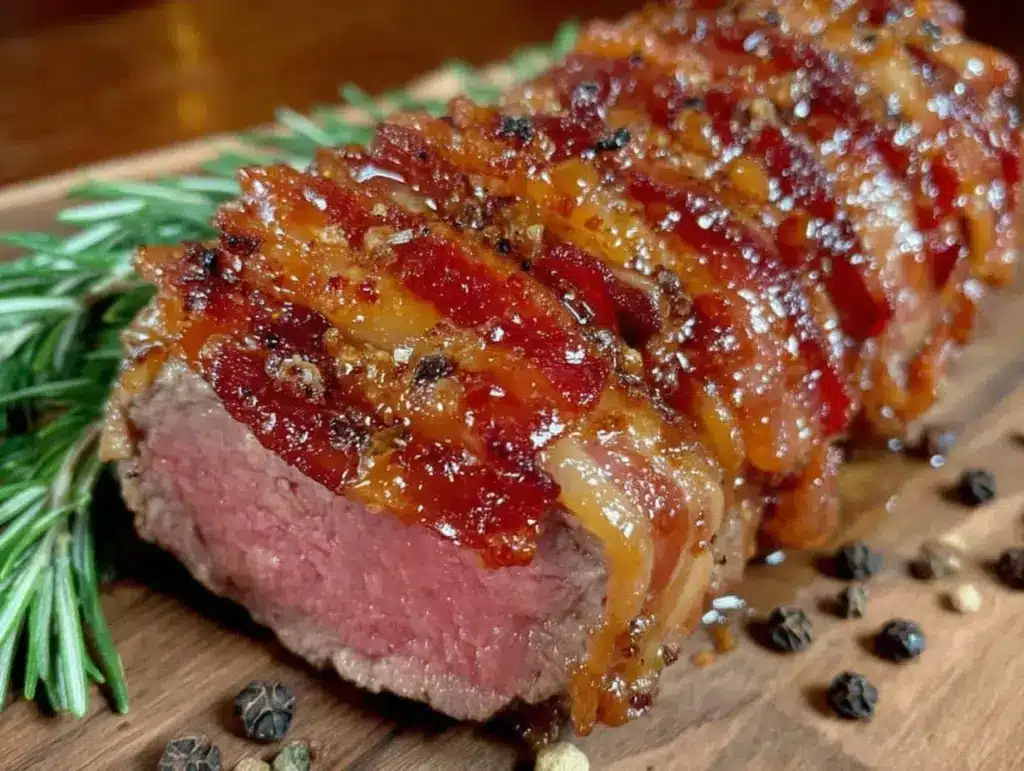 whiskey-glazed bacon-wrapped beef tenderloin - featured image