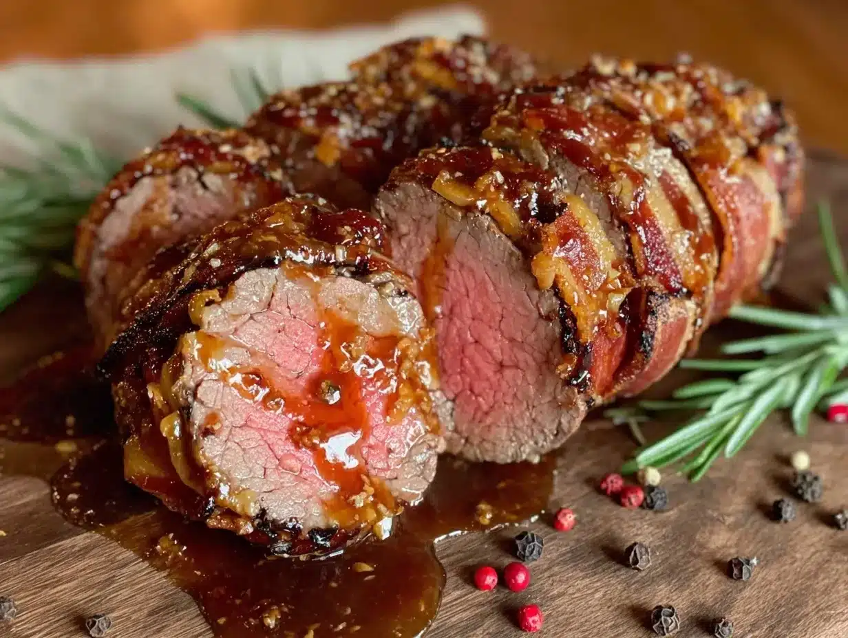 whiskey-glazed bacon-wrapped beef tenderloin preparation steps