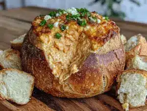 buffalo chicken dip stuffed bread bowl - featured image