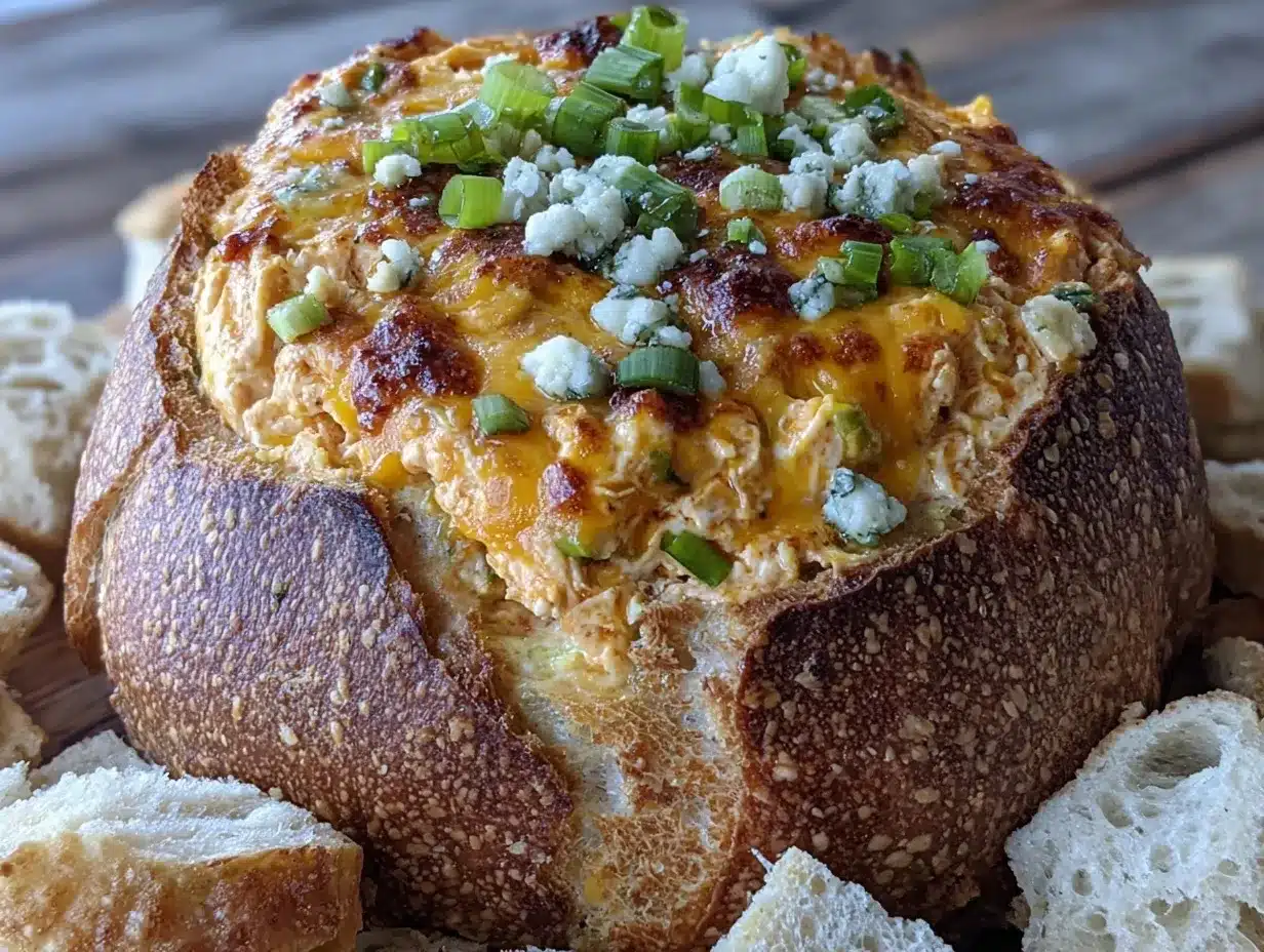 buffalo chicken dip stuffed bread bowl preparation steps