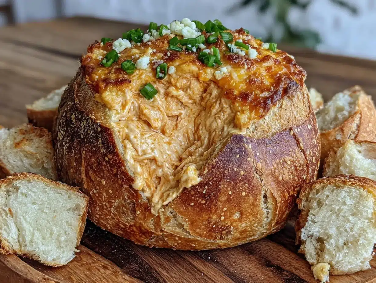 buffalo chicken dip stuffed bread bowl - featured image