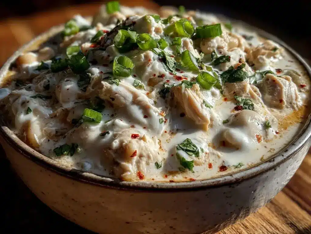 creamy crockpot white chicken chili - featured image