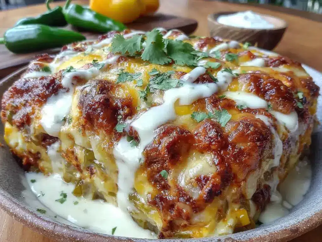 creamy hatch green chili chicken enchilada casserole - featured image