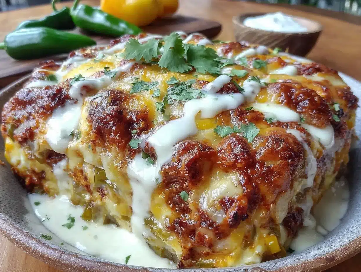 creamy hatch green chili chicken enchilada casserole - featured image