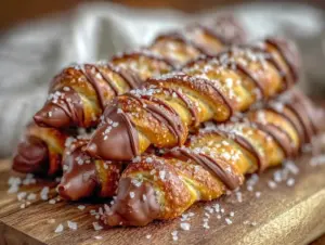 crispy pencil-shaped pretzel rods with chocolate tips - featured image