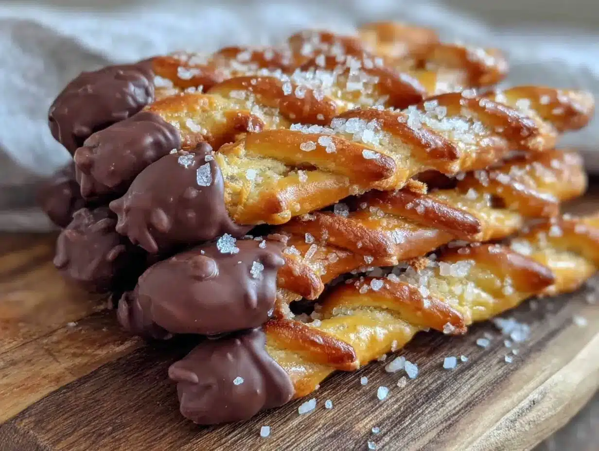 crispy pencil-shaped pretzel rods with chocolate tips preparation steps