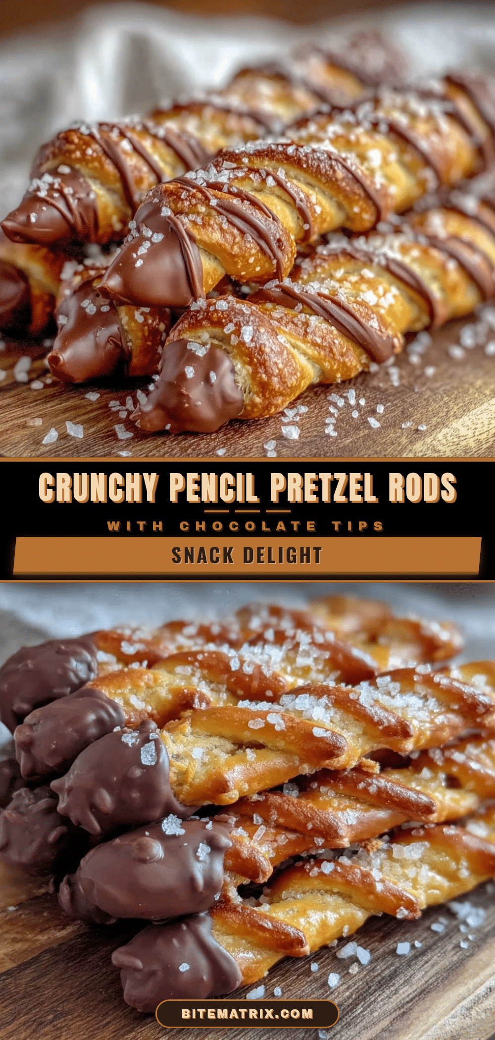 crispy pencil-shaped pretzel rods with chocolate tips recipe