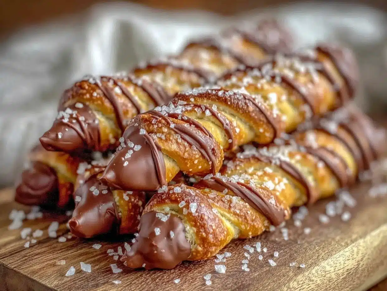 crispy pencil-shaped pretzel rods with chocolate tips - featured image