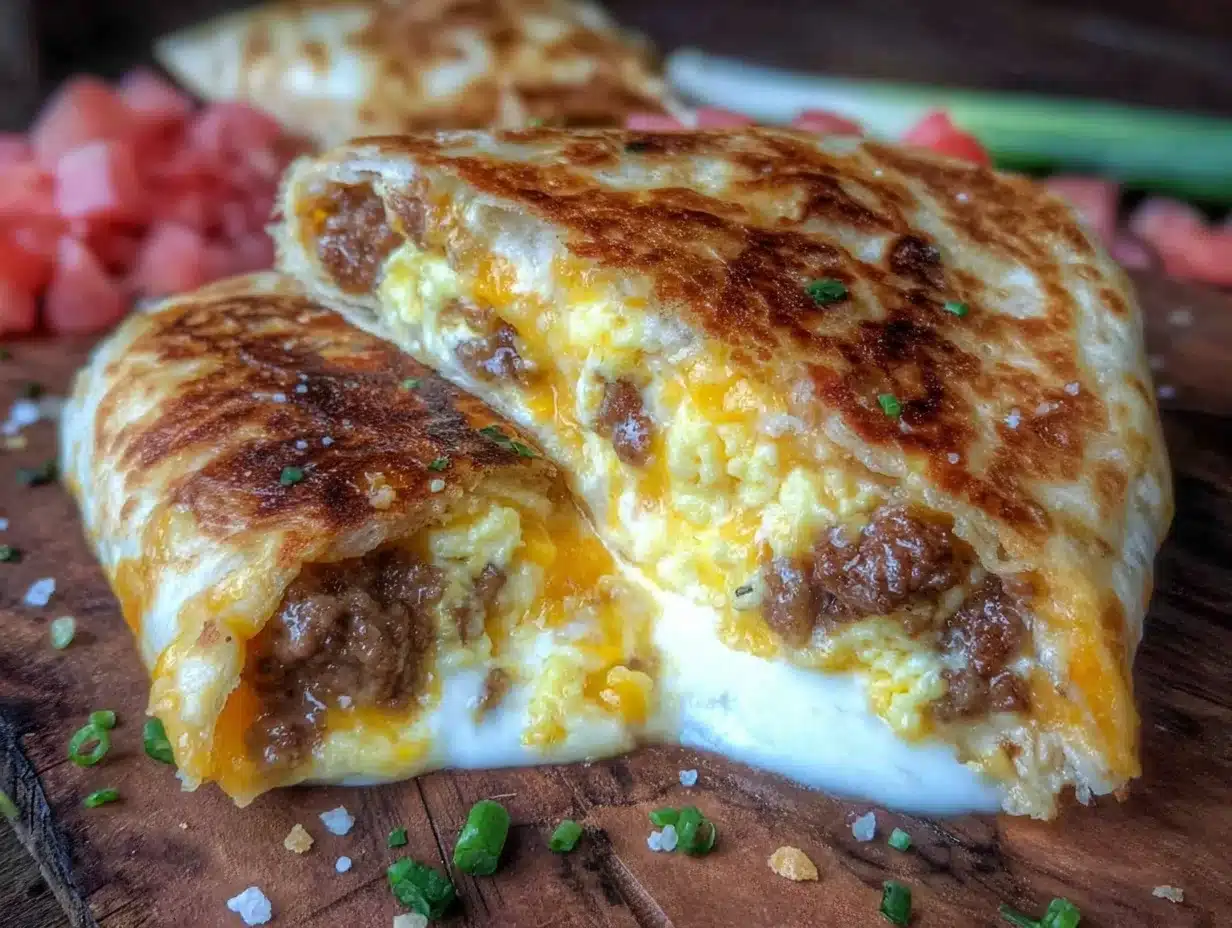 crispy sausage egg and cheese breakfast quesadillas - featured image