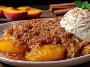 easy cinnamon peach cobbler dump cake - featured image