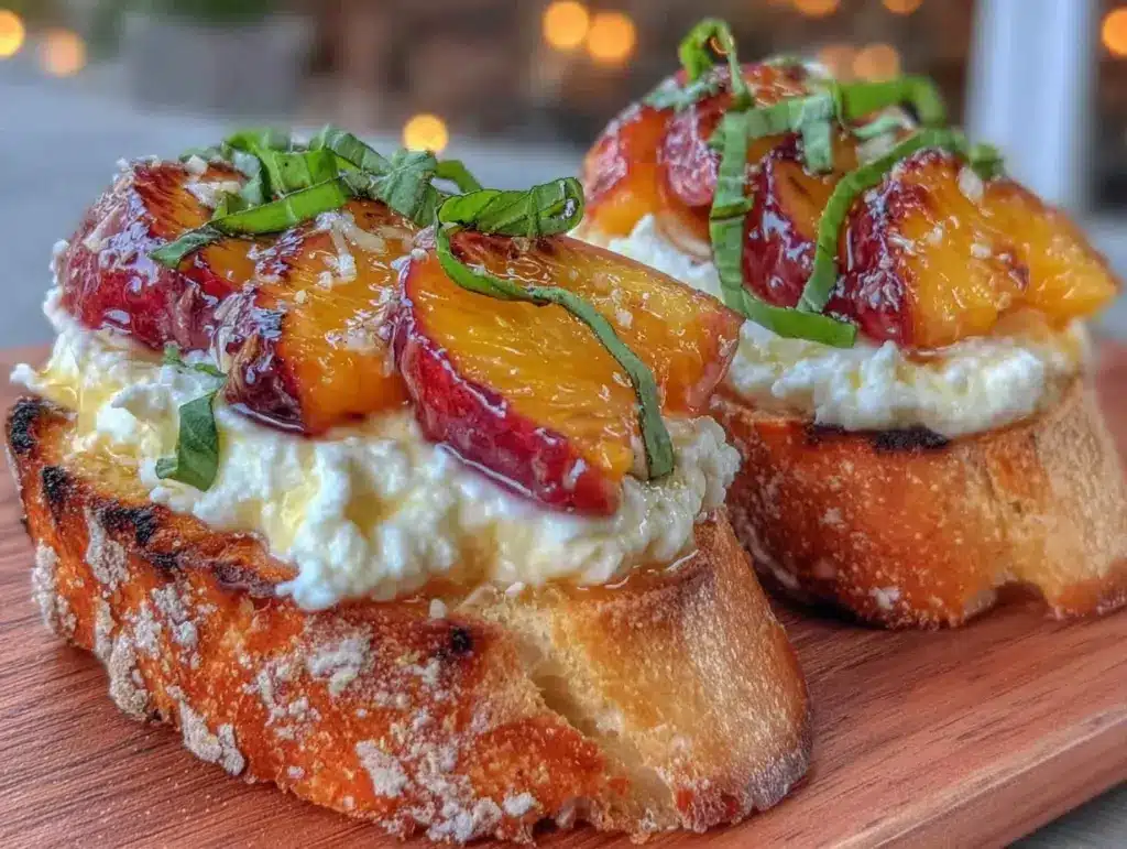 fresh grilled peach and honey ricotta crostini - featured image