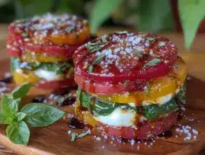 fresh heirloom tomato caprese stacks - featured image