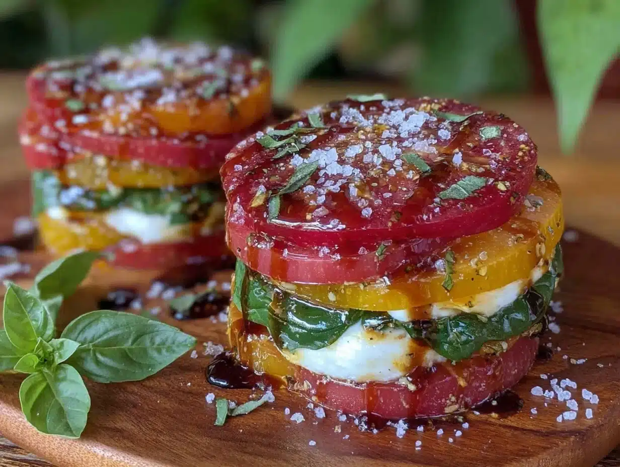 fresh heirloom tomato caprese stacks - featured image