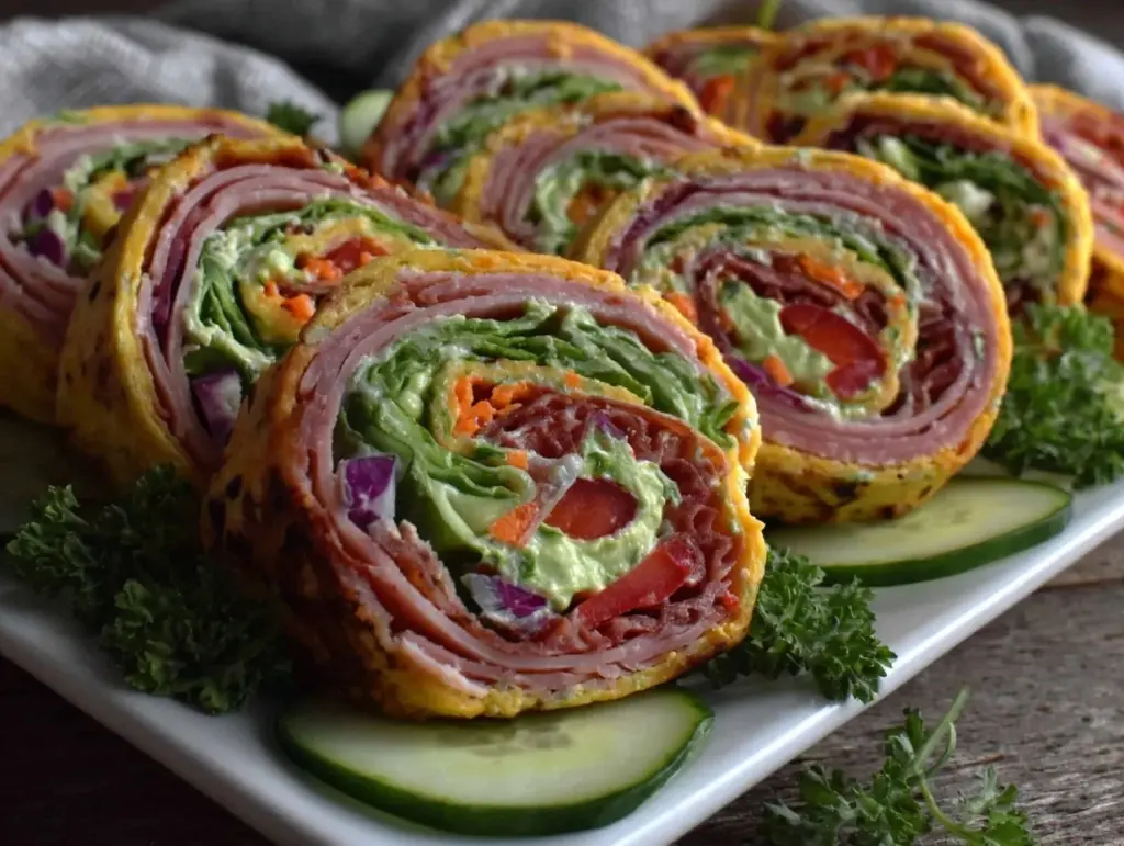 fresh rainbow pinwheel sandwiches with turkey - featured image