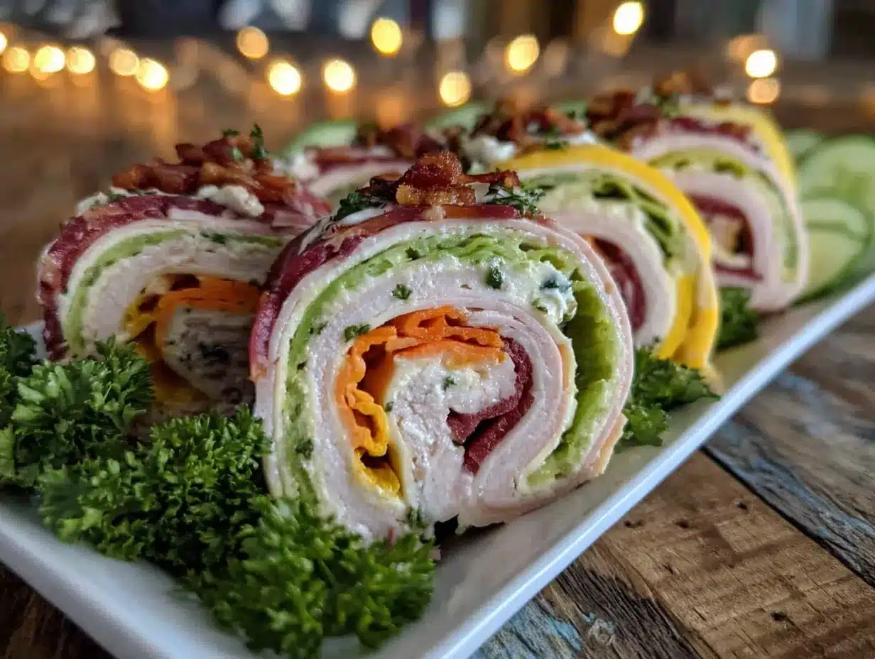 fresh rainbow pinwheel sandwiches with turkey preparation steps