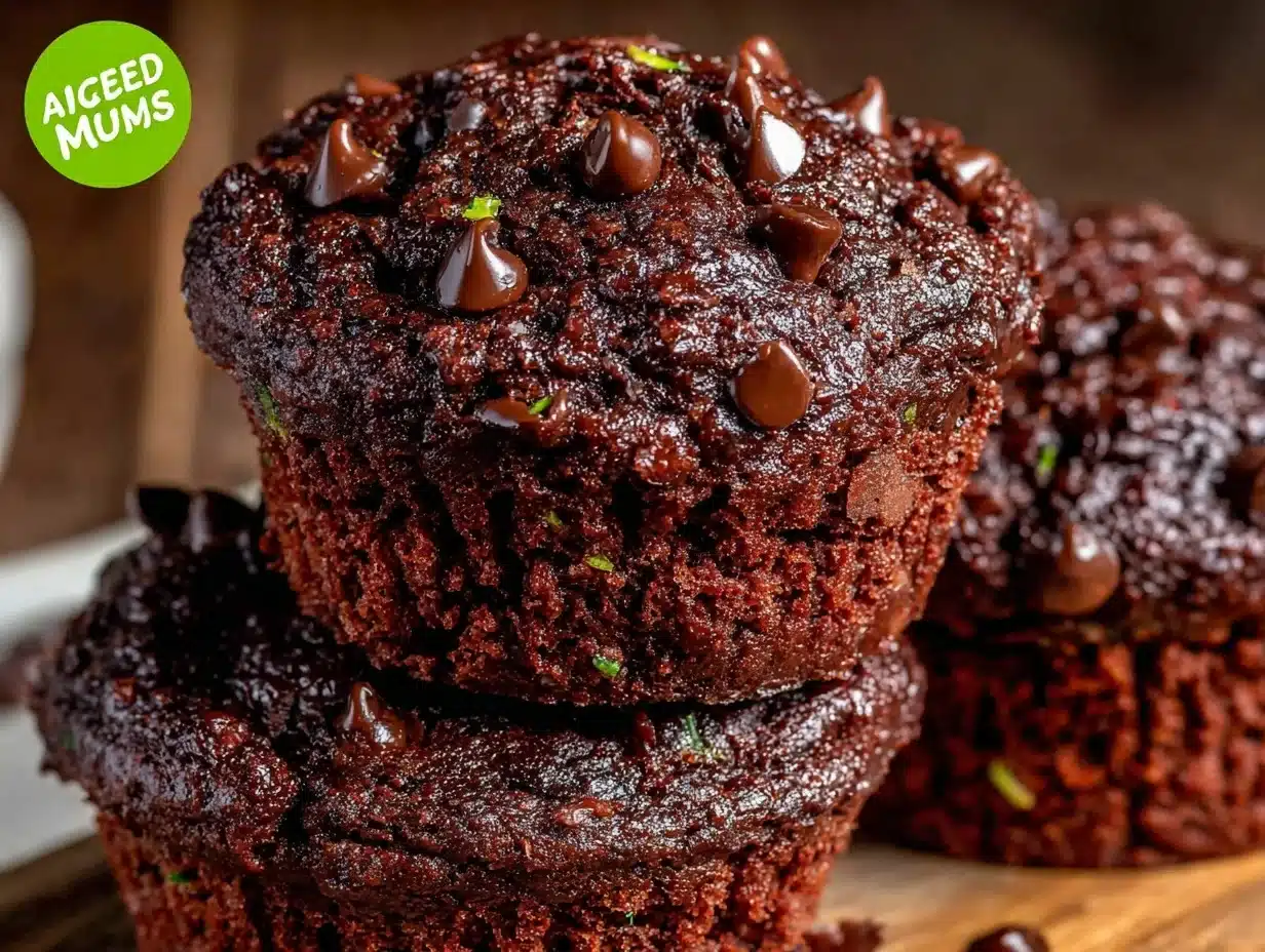 moist double chocolate zucchini muffins - featured image