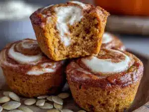 moist pumpkin spice muffins with cream cheese swirl - featured image