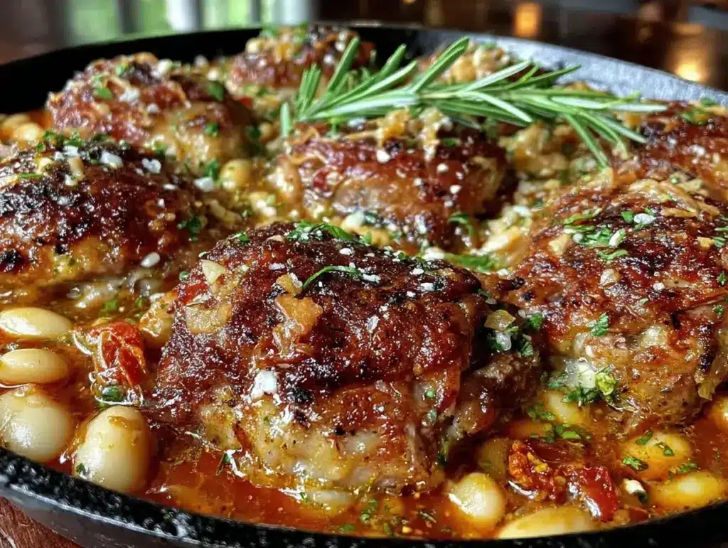 one-pan tuscan white bean chicken thighs - featured image