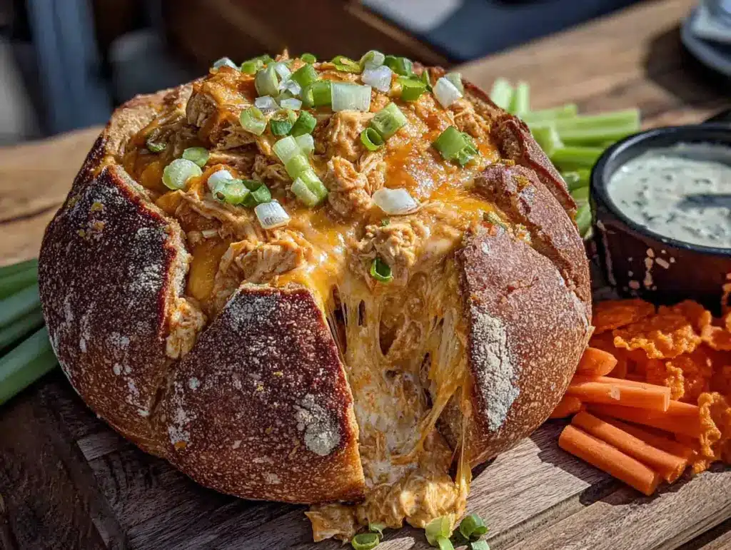 buffalo chicken dip stuffed bread bowl - featured image