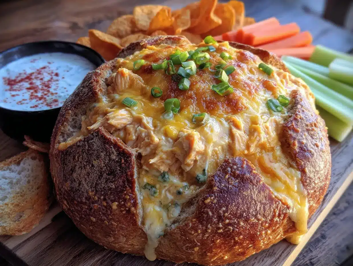 buffalo chicken dip stuffed bread bowl preparation steps