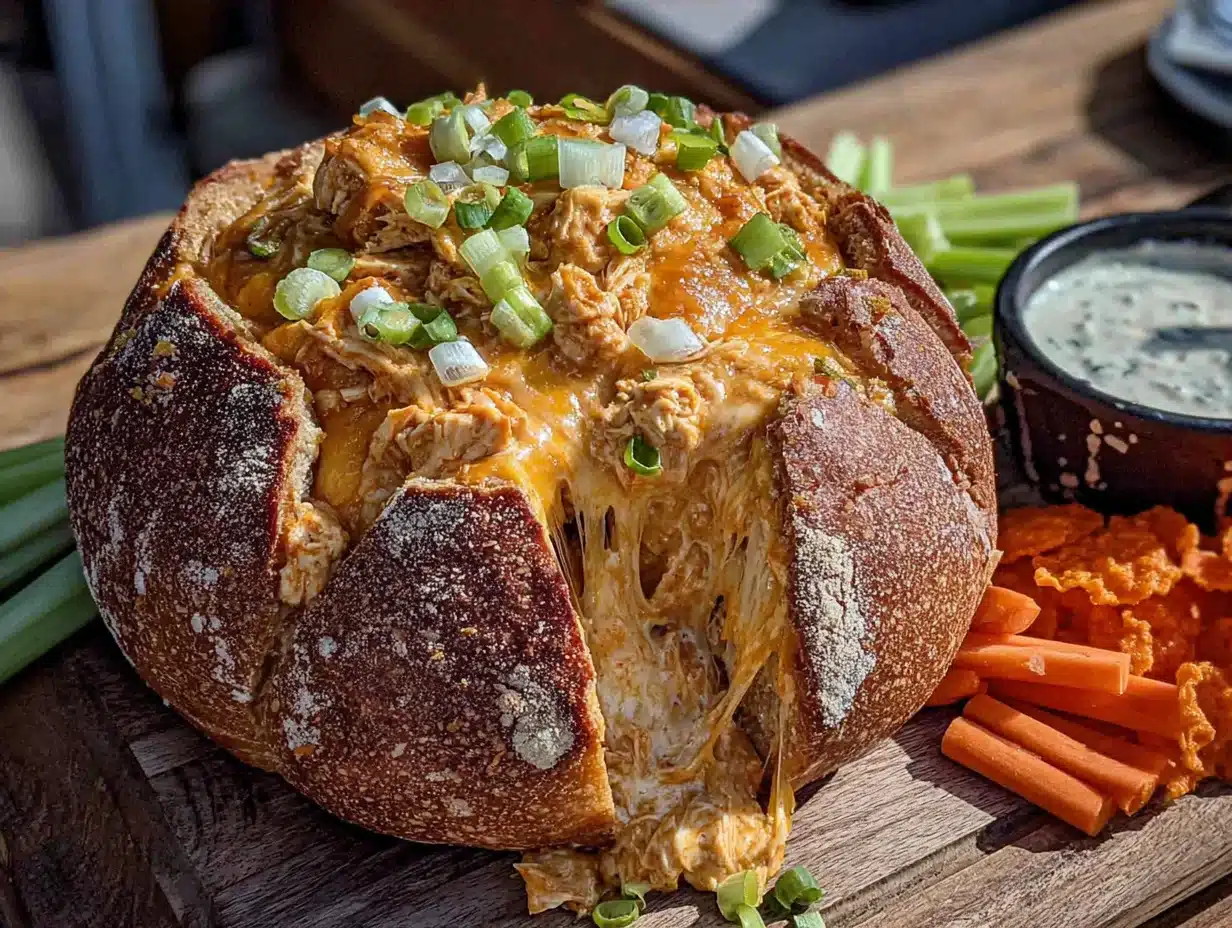 buffalo chicken dip stuffed bread bowl - featured image